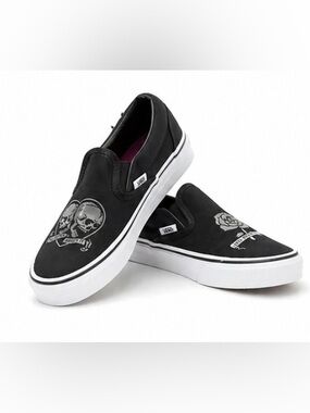 Vans Limited Edition Black Slip-On Sneakers with Skull & Rose Graphics